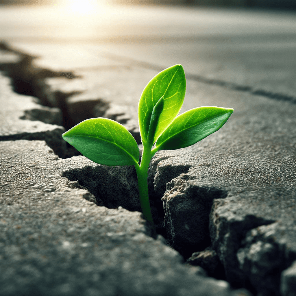 Plant breaking through barrier showing resilience.